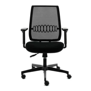 De Workliving Base Mesh - Ergonomische Bureaustoel (N)EN 1335 is een zwarte bureaustoel met een netrugleuning, zwart kussen, verstelbare armleuningen en een onderstel met vijf wielen, vooraan afgebeeld tegen een witte achtergrond.