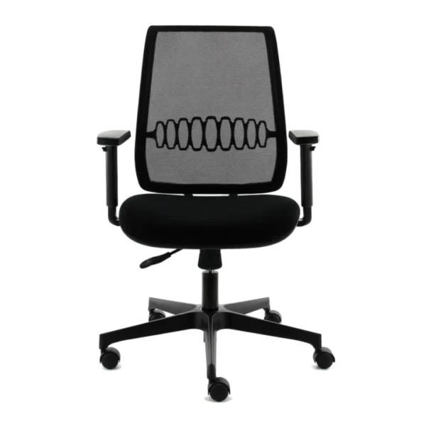 De Workliving Base Mesh - Ergonomische Bureaustoel (N)EN 1335 is een zwarte bureaustoel met een netrugleuning, zwart kussen, verstelbare armleuningen en een onderstel met vijf wielen, vooraan afgebeeld tegen een witte achtergrond.