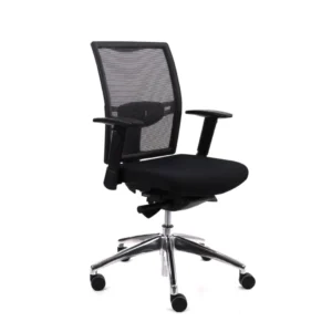 De Workliving Projectas V1 Mesh is een zwarte ergonomische bureaustoel (N)EN 1335 met een netrugleuning, een gewatteerde zitting, verstelbare armleuningen en een verchroomd onderstel met vijf wielen.