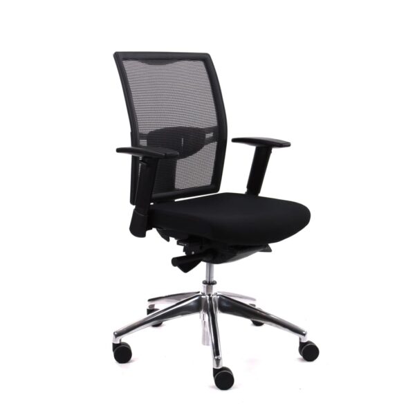 De Workliving Projectas V1 Mesh is een zwarte ergonomische bureaustoel (N)EN 1335 met een netrugleuning, een gewatteerde zitting, verstelbare armleuningen en een verchroomd onderstel met vijf wielen.
