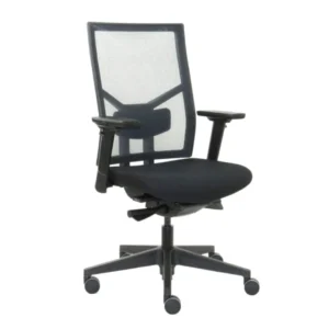 De Workliving Zuidas Mesh Black Edition ergonomische bureaustoel (N)EN 1335 heeft een netrugleuning, verstelbare armleuningen, een gevoerde zitting en een onderstel met vijf wielen voor mobiliteit.