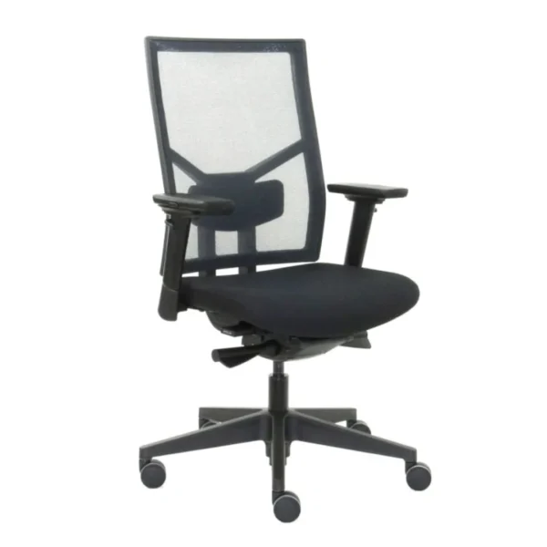 De Workliving Zuidas Mesh Black Edition ergonomische bureaustoel (N)EN 1335 heeft een netrugleuning, verstelbare armleuningen, een gevoerde zitting en een onderstel met vijf wielen voor mobiliteit.