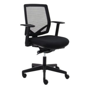 De Workliving Huiswerk Mesh - Bureaustoel Ergonomisch Design (N)EN 1335 is een moderne zwarte bureaustoel met rugleuning van netstof, zitkussens, verstelbare armleuningen en een onderstel met vijf wielen voor eenvoudige mobiliteit.