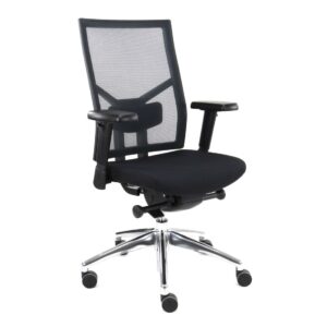De gereviseerde Bureaustoel Zuidas-Special V2 heeft een ergonomische rugleuning van zwart gaas, verstelbare armleuningen, een zachte zitting en een chromen onderstel met vijf wielen.
