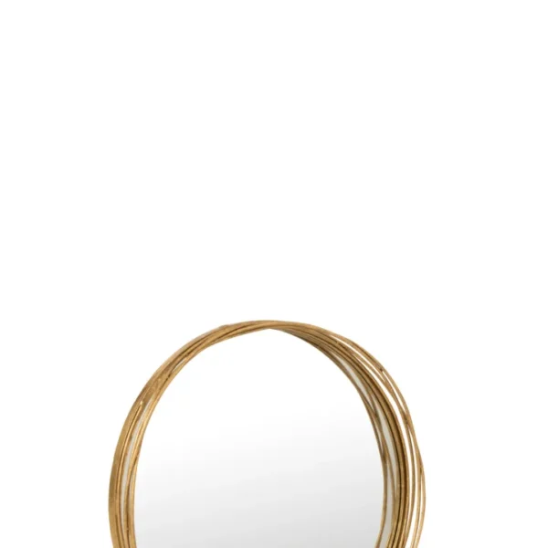De Mirror Aurora Round Iron/Glass Gold Small is een decoratieve ronde spiegel met een gouden frame van in elkaar gevlochten lussen op een effen witte achtergrond.