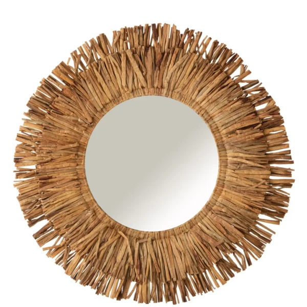 De Mirror Maurice Round Water Hyacinth Brown Large heeft een decoratieve lijst gemaakt van natuurlijk gekleurde waterhyacintvezels, gerangschikt in lagen om op zonnestralen te lijken.