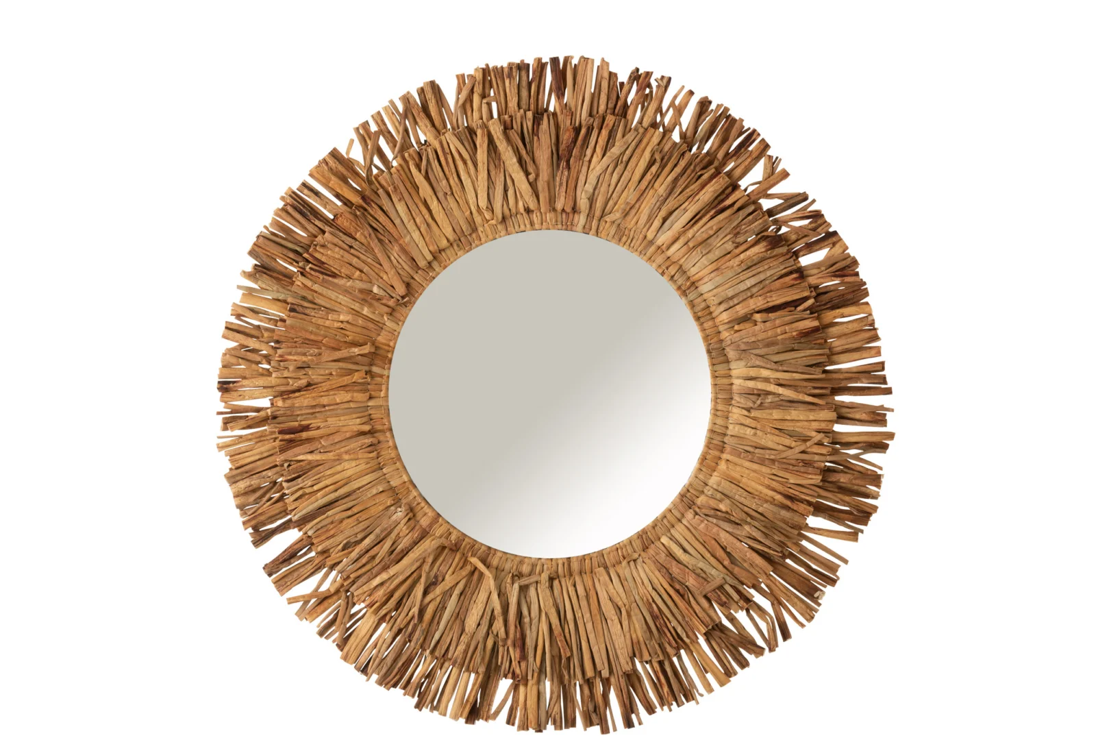 De Mirror Maurice Round Water Hyacinth Brown Large heeft een decoratieve lijst gemaakt van natuurlijk gekleurde waterhyacintvezels, gerangschikt in lagen om op zonnestralen te lijken.