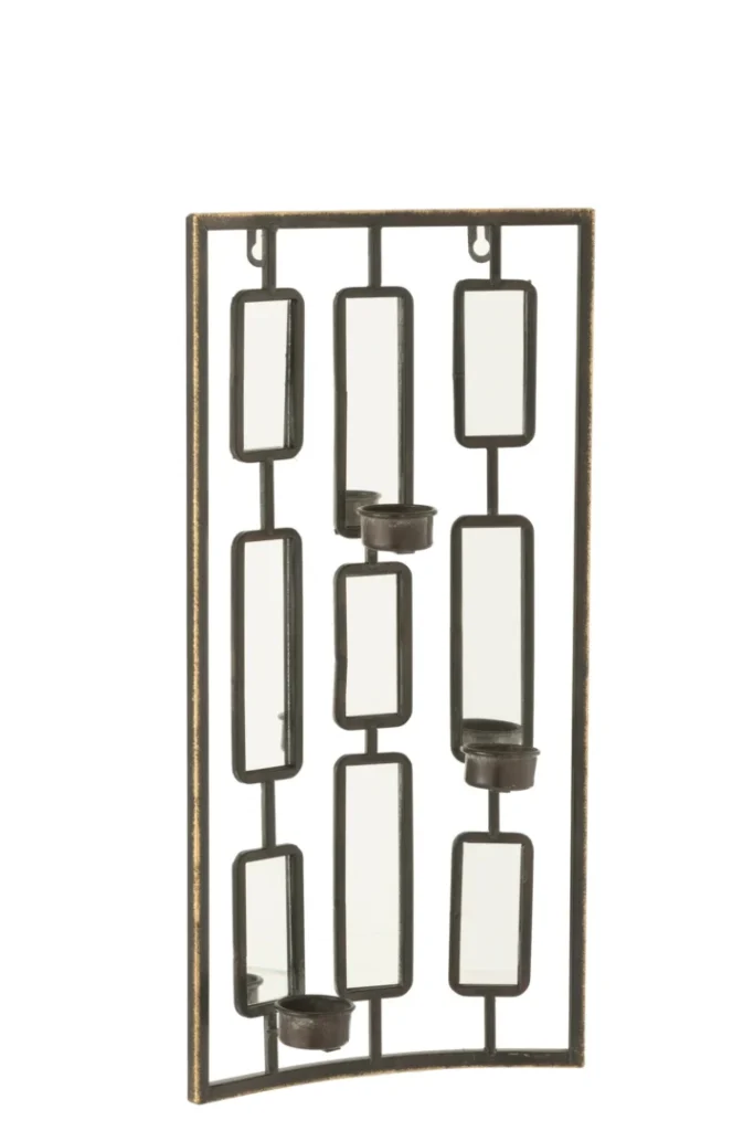 De Wanddecoratie Theelichthouder Metaal/spiegel Grijs Klein is een decoratieve metalen wandarmatuur met een geometrisch rasterdesign, voorzien van zes rechthoekige spiegels en vier geïntegreerde theelichthouders.