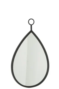 De Hanging Mirror Drop Mirror/Mdf Black Medium heeft een druppelvormig ontwerp met een zwart frame en een kleine ronde lus aan de bovenkant om hem gemakkelijk op te hangen.