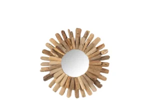 Een ronde spiegel genaamd "Mirror Round Driftwood Natural Medium" heeft een sunburst lijst gemaakt van natuurlijke, ongelijke stukken drijfhout die in een cirkelvormig patroon zijn gerangschikt.