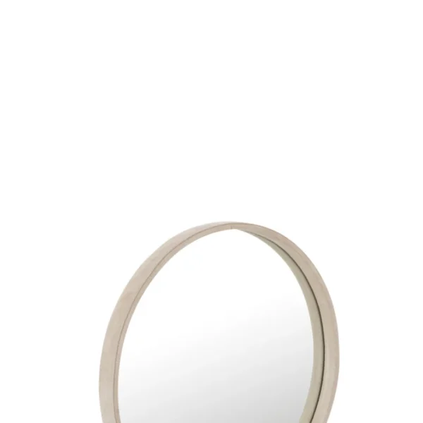 De Mirror Round Leather Beige Small heeft een dikke, lichtbeige lederen lijst en wordt getoond tegen een witte achtergrond met een klein lederen voorbeeldpictogram in de rechterbovenhoek.