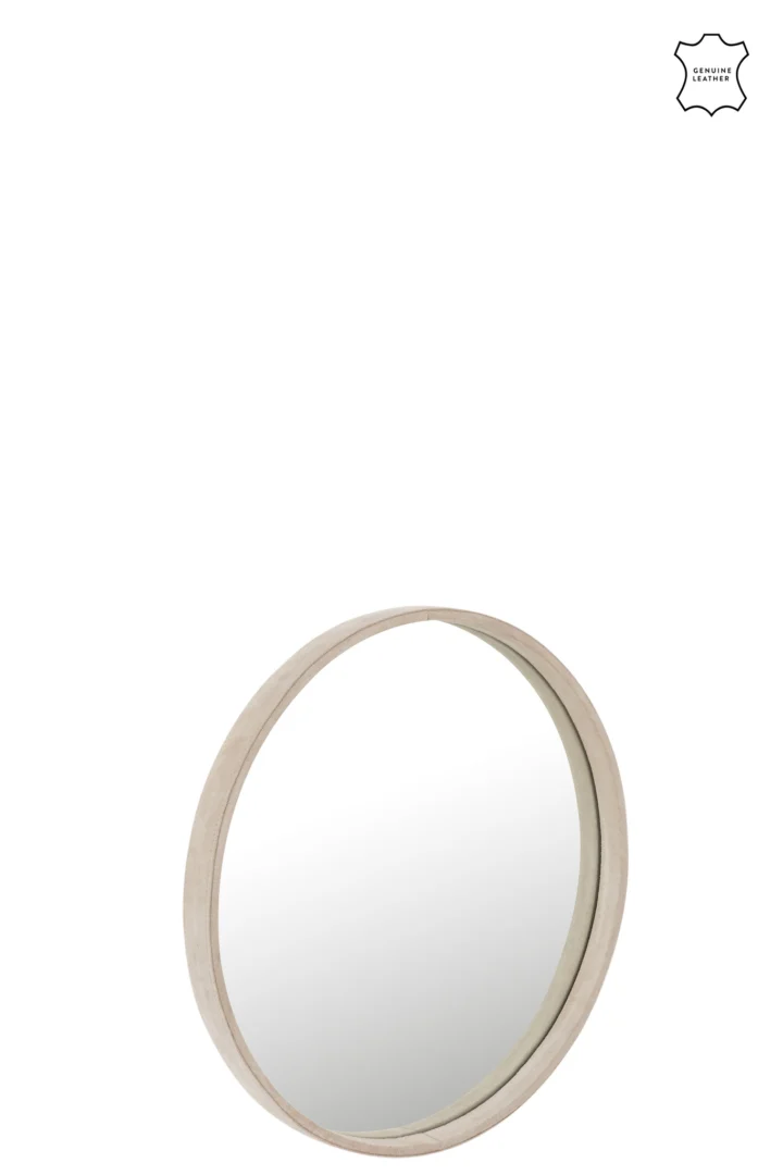 De Mirror Round Leather Beige Small heeft een dikke, lichtbeige lederen lijst en wordt getoond tegen een witte achtergrond met een klein lederen voorbeeldpictogram in de rechterbovenhoek.