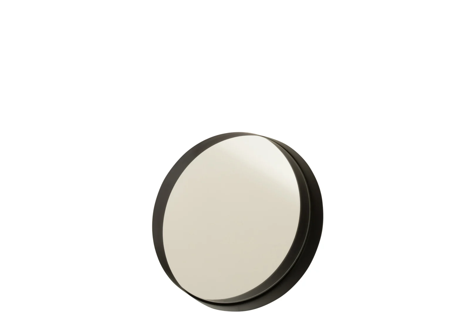 De Mirror Round Border Metal Black Small, met een dik zwart metalen frame, is lichtjes opzij gebogen tegen een effen witte achtergrond.