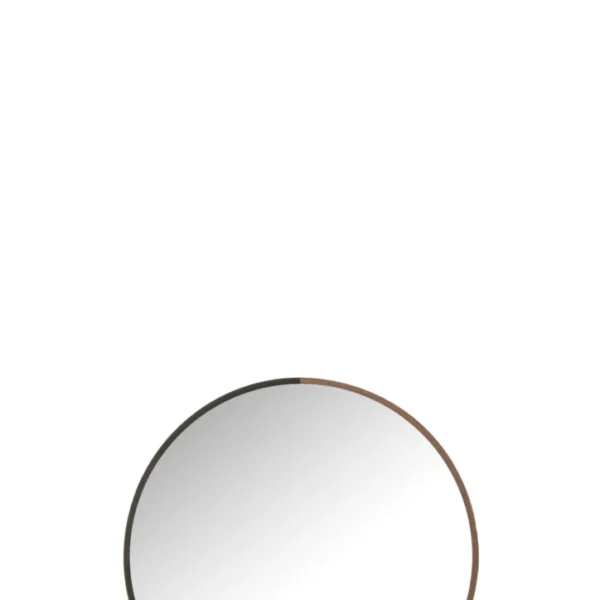 Een Spiegel Rond Metaal/Hout Zwart Klein met een dunne halfzwarte, halfbronzen lijst wordt onderaan een witte achtergrond geplaatst, waardoor het bovenste gedeelte leeg blijft.