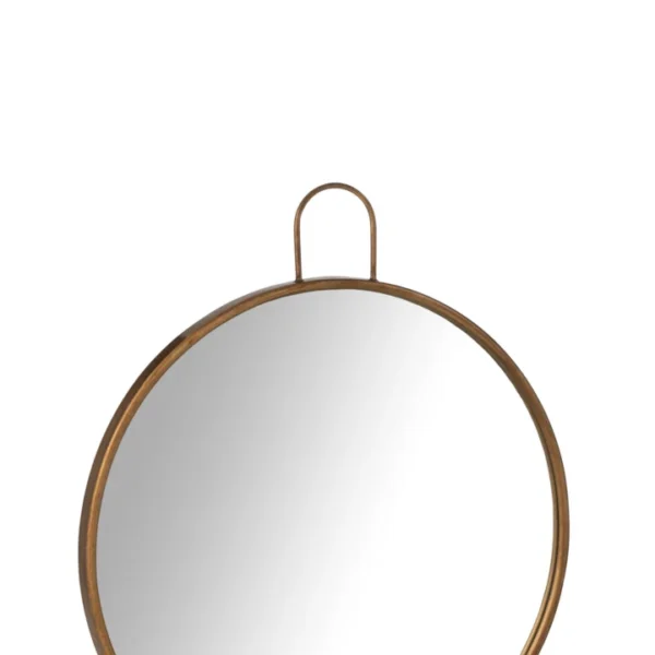 De spiegel Anto MDF/Mirror Gold Small heeft een rond ontwerp met een slank goudkleurig metalen frame en een kleine lus aan de bovenkant om op te hangen, en biedt een eenvoudige, moderne look die elke ruimte prachtig weerspiegelt.