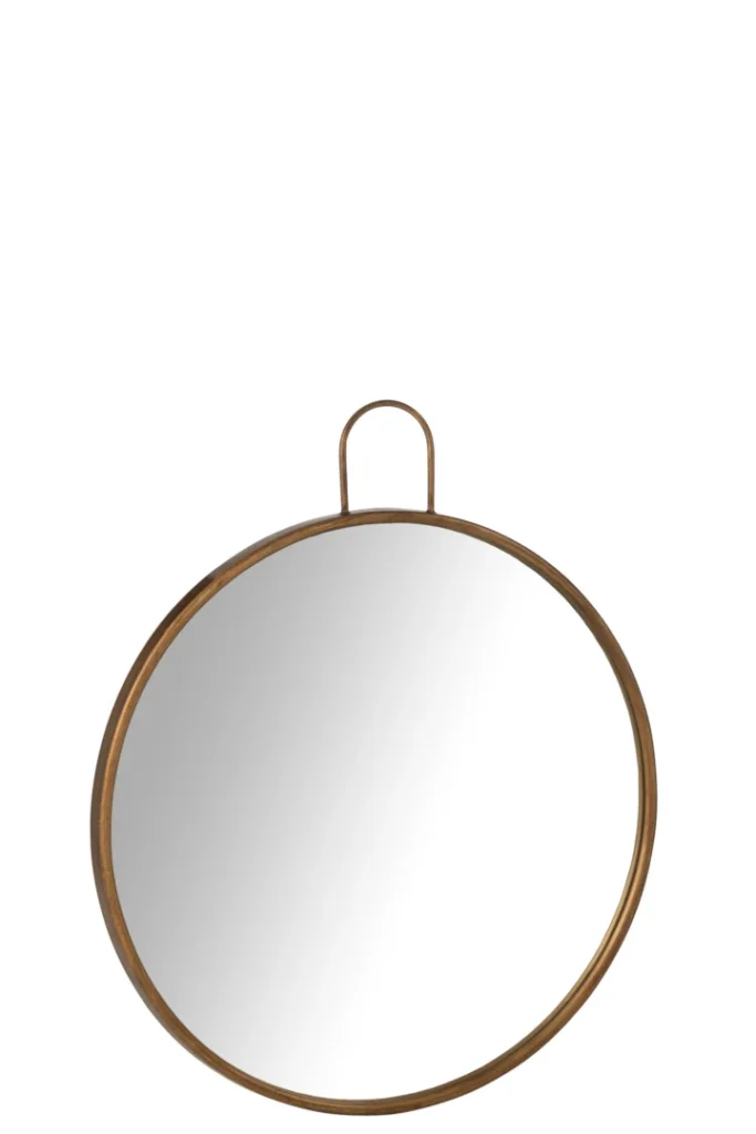 De spiegel Anto MDF/Mirror Gold Small heeft een rond ontwerp met een slank goudkleurig metalen frame en een kleine lus aan de bovenkant om op te hangen, en biedt een eenvoudige, moderne look die elke ruimte prachtig weerspiegelt.
