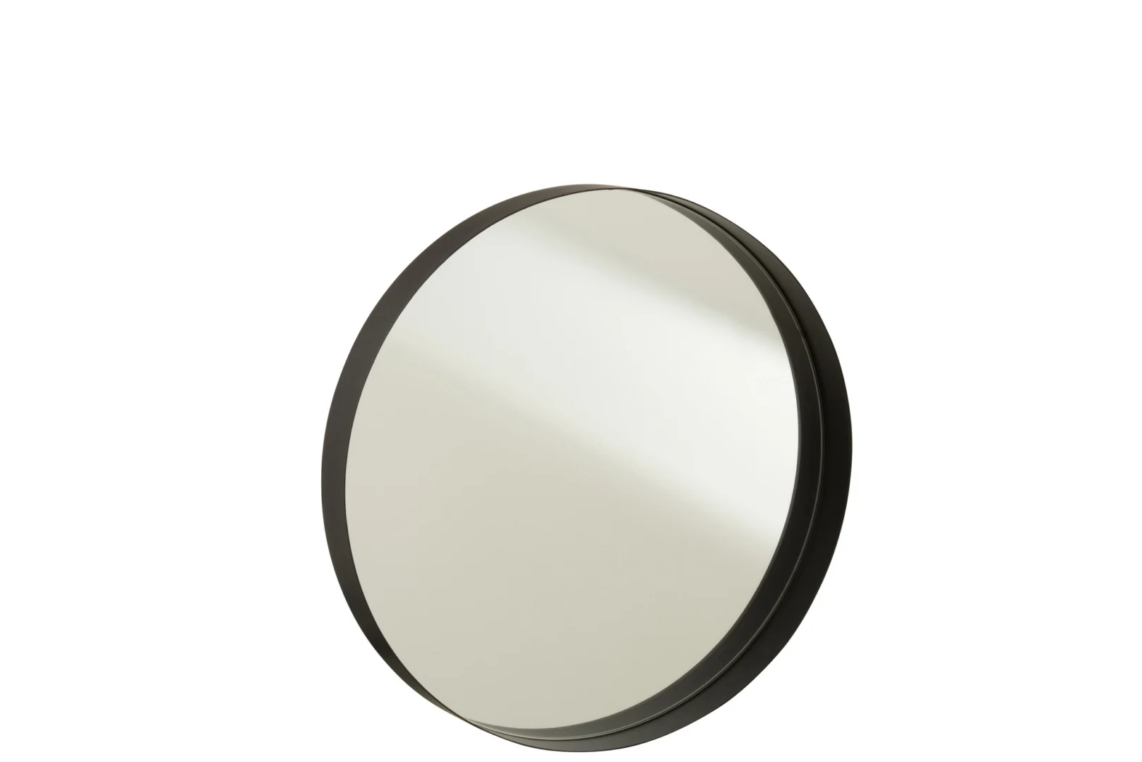 De Mirror Round Border Metal Black Medium heeft een donkere, dikke metalen lijst en is schuin afgebeeld tegen een effen witte achtergrond.
