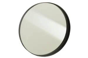 Een grote, ronde spiegel met de naam "Mirror Round Border Metal Black" heeft een metalen zwarte rand en wordt schuin afgebeeld tegen een effen witte achtergrond.