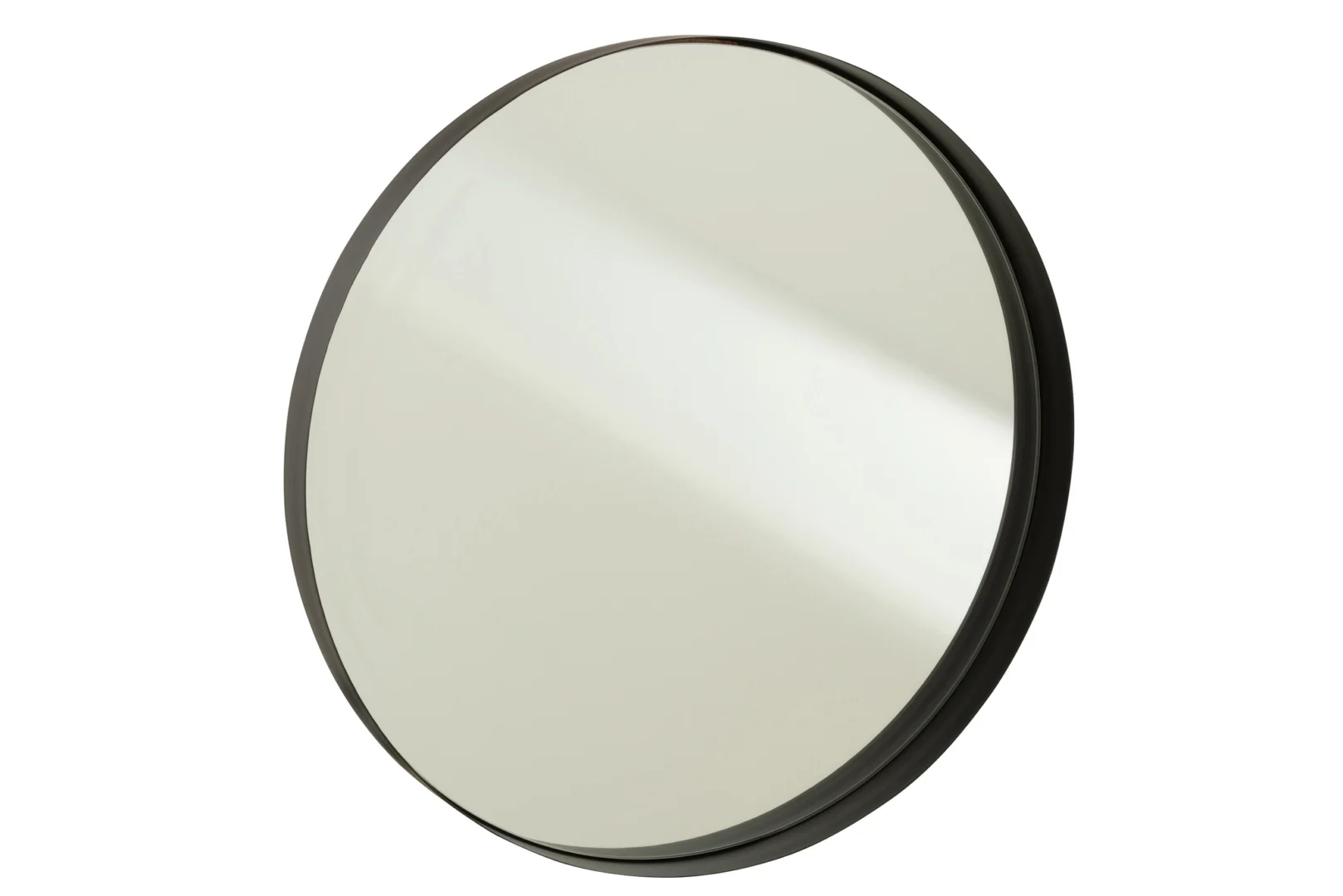 Een grote, ronde spiegel met de naam "Mirror Round Border Metal Black" heeft een metalen zwarte rand en wordt schuin afgebeeld tegen een effen witte achtergrond.