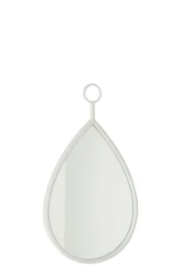 De Hanging Mirror Drop Mirror/MDF White Small heeft een druppelvorm met een witte lijst en een ronde ophanglus, afgebeeld tegen een effen witte achtergrond.
