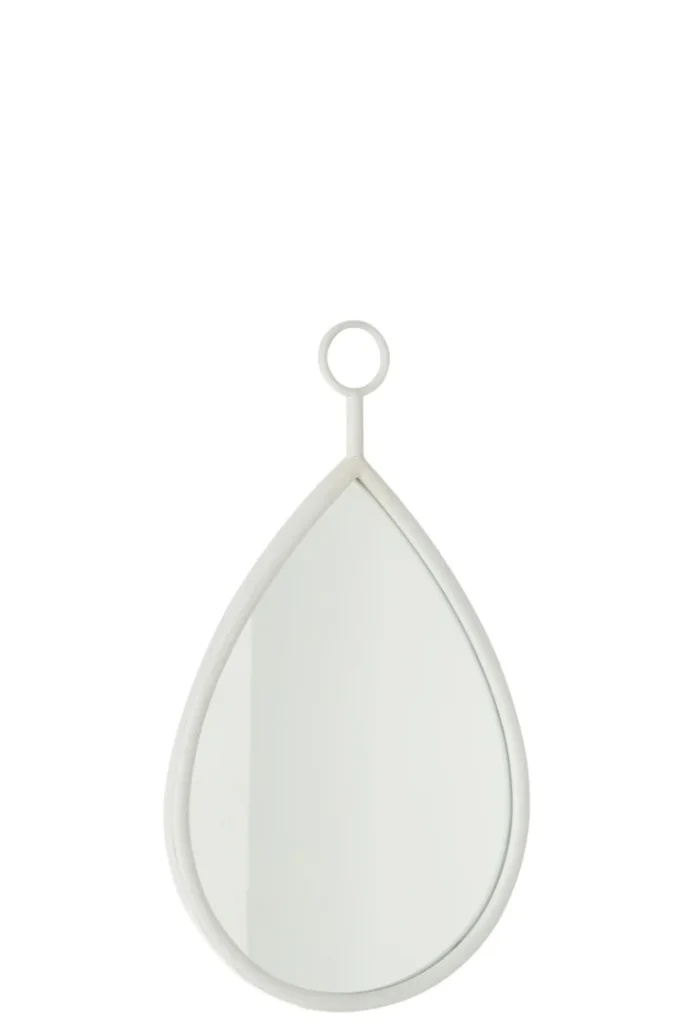 De Hanging Mirror Drop Mirror/MDF White Small heeft een druppelvorm met een witte lijst en een ronde ophanglus, afgebeeld tegen een effen witte achtergrond.