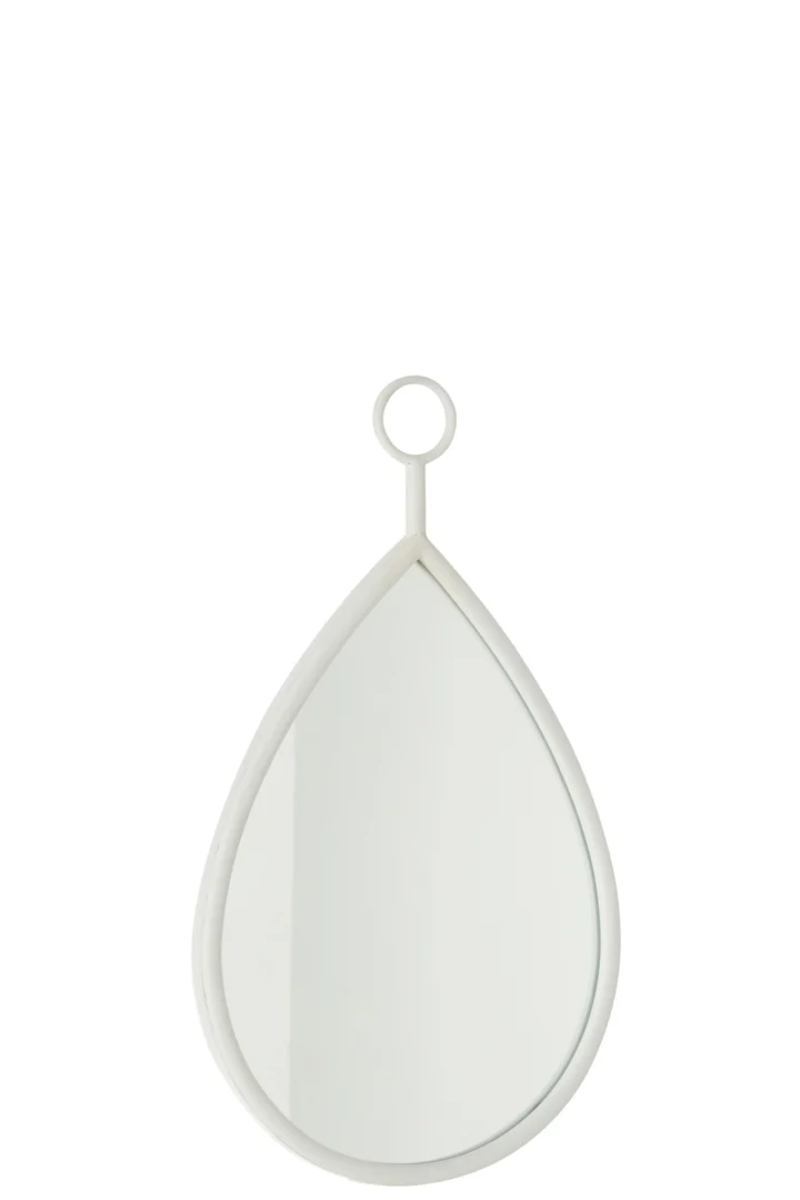 De Hanging Mirror Drop Mirror/MDF White Small heeft een druppelvorm met een witte lijst en een ronde ophanglus, afgebeeld tegen een effen witte achtergrond.