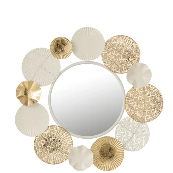 De Mirror Round Circles Metal White/Gold heeft een decoratieve lijst met gestructureerde gouden en witte cirkelvormige accenten rond de rand, tegen een witte achtergrond.