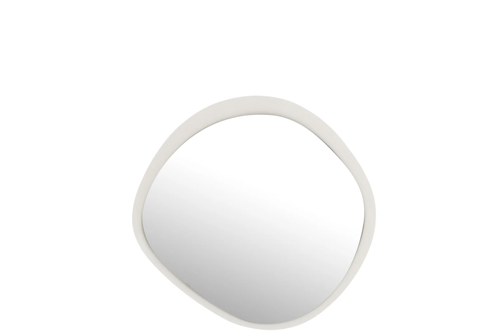 De Wandspiegel Rond Metaal/Glas Wit Klein heeft een onregelmatige ronde vorm met een gladde witte lijst, afgebeeld tegen een effen witte achtergrond.