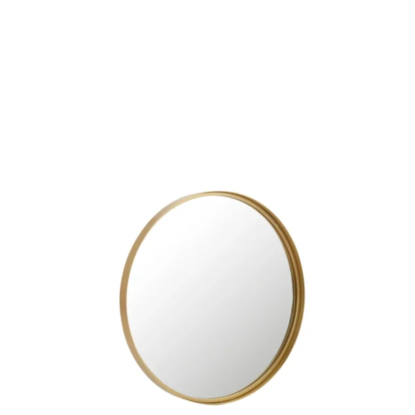 De Mirror Round High Border Metal/Glass Gold Small heeft een slank goudkleurig metalen frame tegen een witte achtergrond.