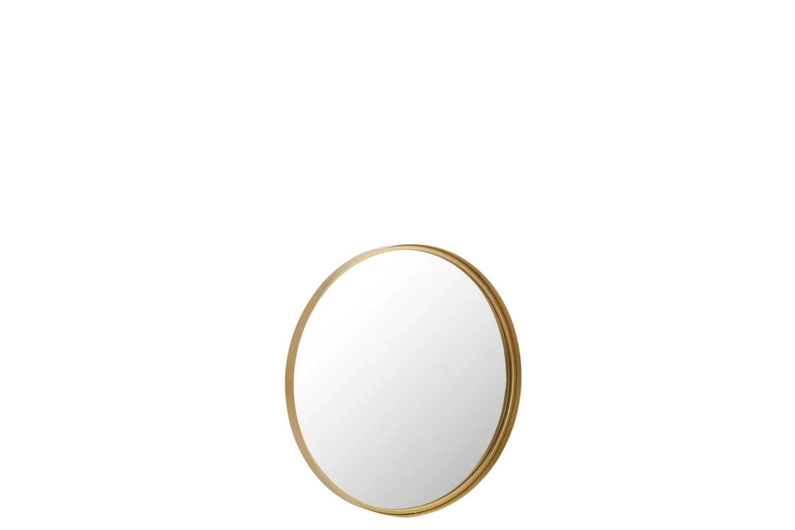 De Mirror Round High Border Metal/Glass Gold Small heeft een slank goudkleurig metalen frame tegen een witte achtergrond.