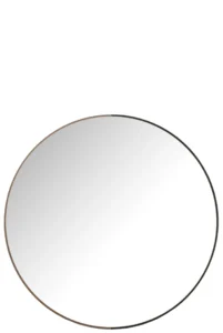 De Spiegel Rond Metaal/Hout Zwart Large heeft een dunne lijst, half bruin en half zwart, tegen een effen witte achtergrond.