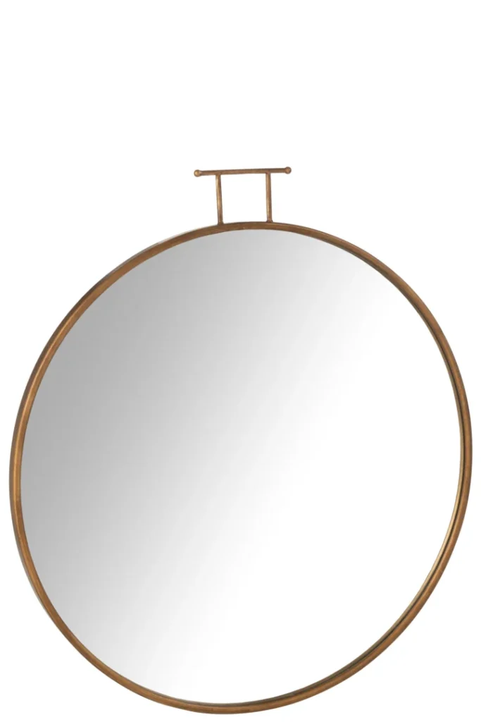 De Mirror Anto MDF/Mirror Gold Large is een ronde wandspiegel met een slank goudkleurig metalen frame en een kleine horizontale balk met twee knoppen bovenaan om op te hangen, tegen een effen witte achtergrond.