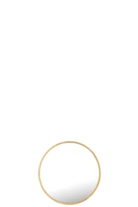 De Spiegel Mona Rond IJzer/Glas Goud Medium wordt onderaan een witte achtergrond geplaatst, met het dunne gouden frame en reflecterende oppervlak naar boven gericht.