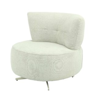 De Fauteuil Fien | Licht Grijs is een moderne lichtgrijze accentstoel met een gebogen rugleuning, een rond zitkussen en metalen poten, geïsoleerd afgebeeld op een witte achtergrond.