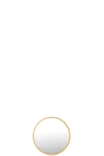 De Mirror Mona Round Iron/Glass Gold Small staat in het midden onderaan op een witte achtergrond, waar de slanke gouden lijst goed tot zijn recht komt en de rest van de afbeelding leeg blijft.