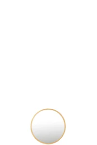 De Mirror Mona Round Iron/Glass Gold Small staat in het midden onderaan op een witte achtergrond, waar de slanke gouden lijst goed tot zijn recht komt en de rest van de afbeelding leeg blijft.