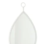De Hanging Mirror Drop Mirror/MDF White Medium is een wandspiegel in de vorm van een druppel met een witte lijst en een ronde ophanglus, afgebeeld tegen een effen witte achtergrond.