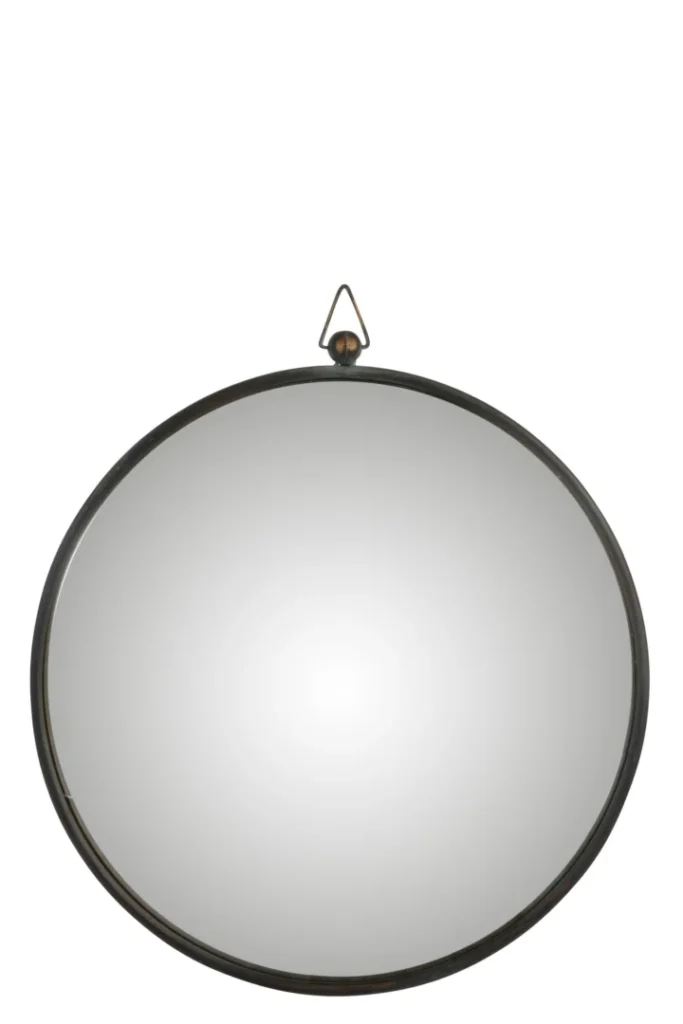 De Mirror Curved Metal Black Large is een ronde wandspiegel met een slank zwart metalen frame en een klein driehoekig haakje bovenaan om op te hangen, tegen een effen witte achtergrond.