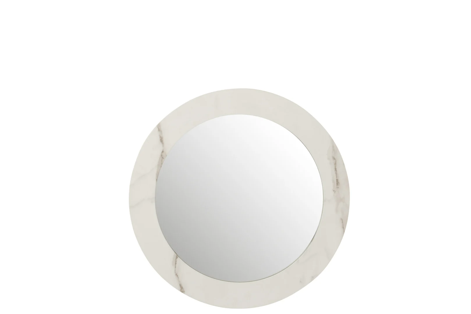 De Mirror Marble MDF/Glass White Small is een ronde wandspiegel met een dikke witte lijst met marmerdessin, gecentreerd op een effen witte achtergrond.