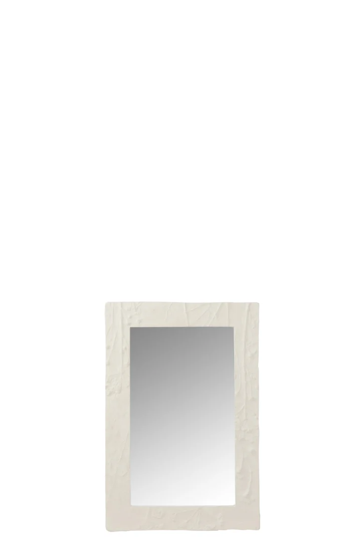 De Spiegel Rechthoek Reliëf Bloem Hars Wit Klein heeft een gestructureerd, gebroken wit frame en wordt weergegeven tegen een effen witte achtergrond.