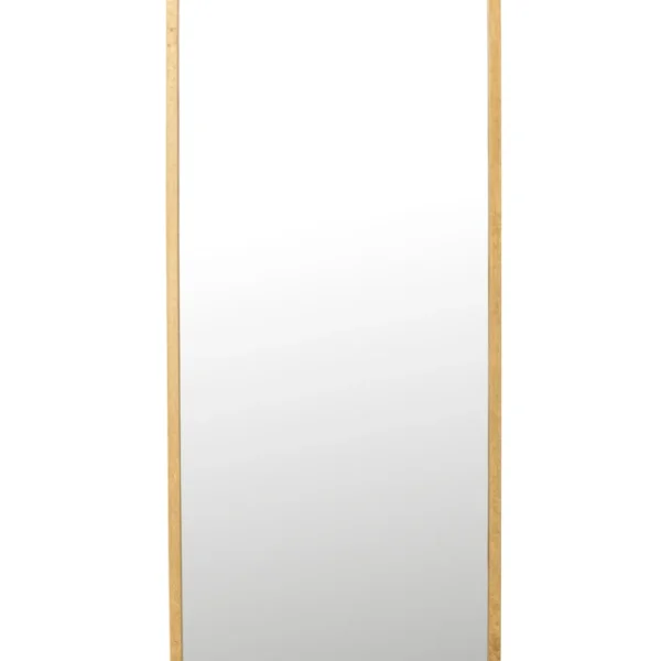 De Mirror Mona Rectangle Iron/Glass Gold heeft een hoge rechthoekige vorm met afgeronde hoeken en een gouden ijzeren frame, verticaal weergegeven tegen een effen witte achtergrond.