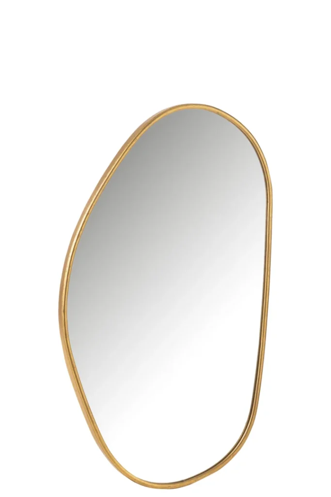 De Mirror Abstract MDF/Glass Gold Large heeft een onregelmatige, organische vorm met een slank goudmetallic frame tegen een witte achtergrond.