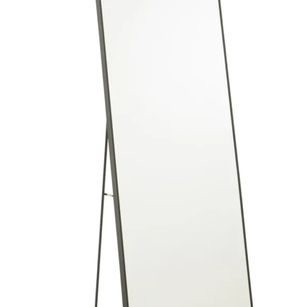 De Mirror On Foot Rectangle Gl/Met Bl is een rechthoekige staande spiegel over de hele lengte met een zwarte lijst en afgeronde hoeken, ondersteund door een achterstandaard, afgebeeld tegen een witte achtergrond.