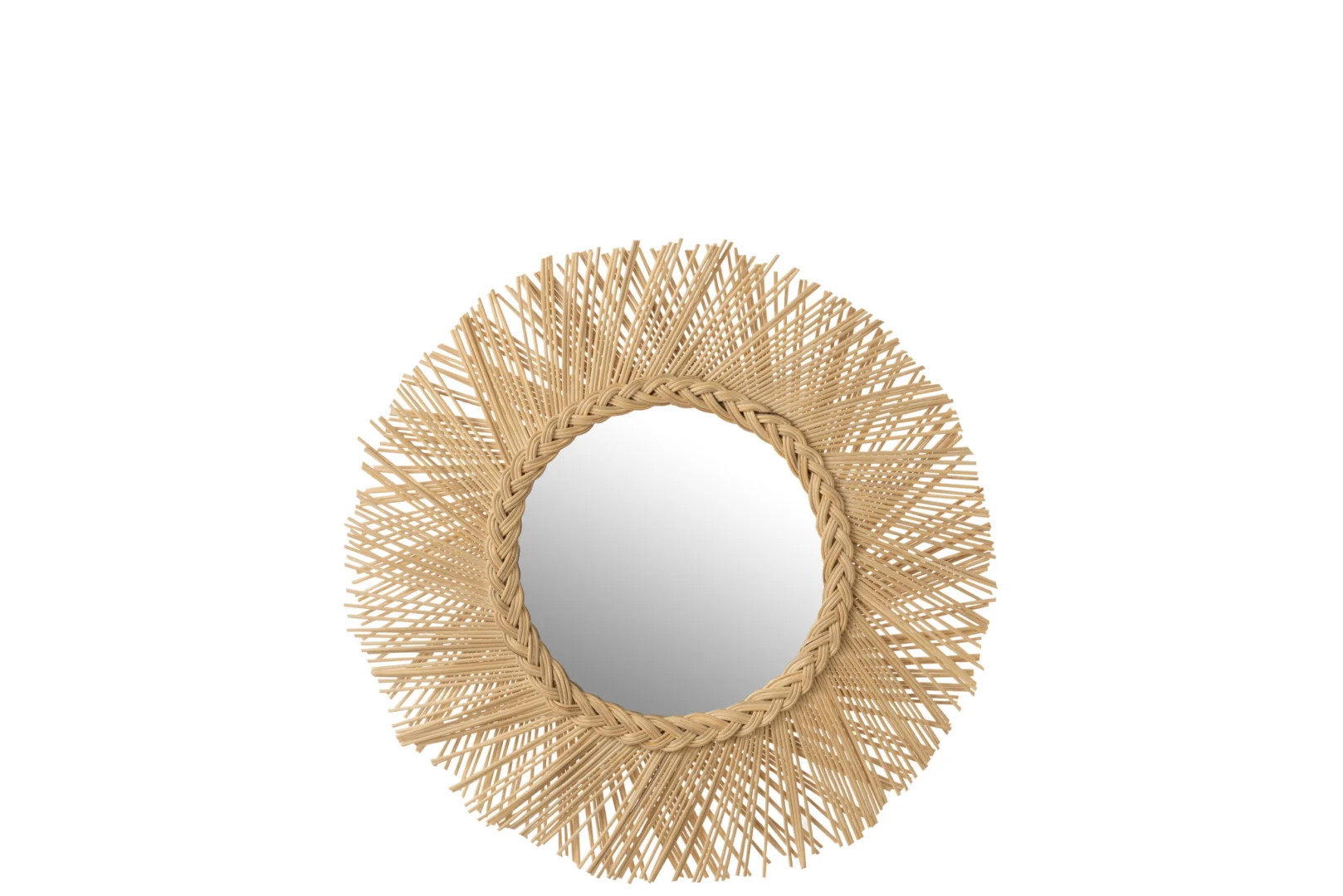 De Mirror Tress Rattan Natural is een ronde wandspiegel met een decoratieve lijst gemaakt van natuurlijk gevlochten rotan, met een zonnestraalpatroon tegen een witte achtergrond.