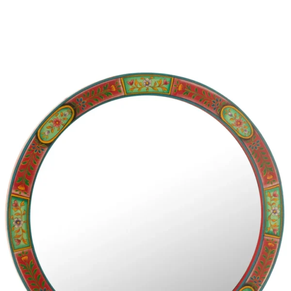 De Mirror Round Frame Mumbai MDF Mix heeft een decoratieve ronde lijst met rode, groene en gele bloemmotieven op een witte achtergrond.