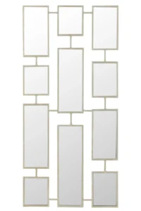 De Mirrors 11Parts Metal Silver heeft twaalf rechthoekige spiegels in verschillende maten, gerangschikt in een raster met smalle metalen randen die elk stuk verbinden.