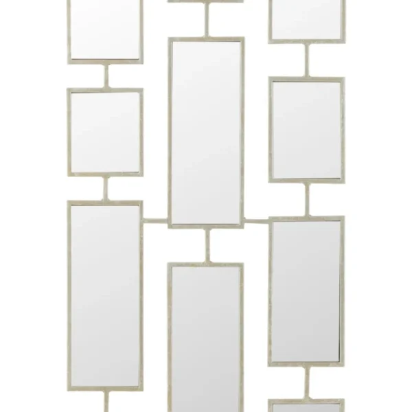 De Mirrors 11Parts Metal Silver heeft twaalf rechthoekige spiegels in verschillende maten, gerangschikt in een raster met smalle metalen randen die elk stuk verbinden.