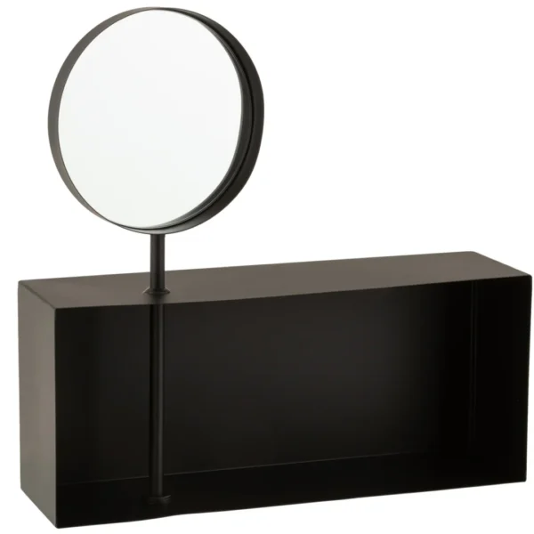 De Shelf With Removable Mirror Metal Black heeft een rechthoekige zwarte open kast en een ronde spiegel bevestigd aan een verticale stang, een combinatie van modern en minimalistisch design.