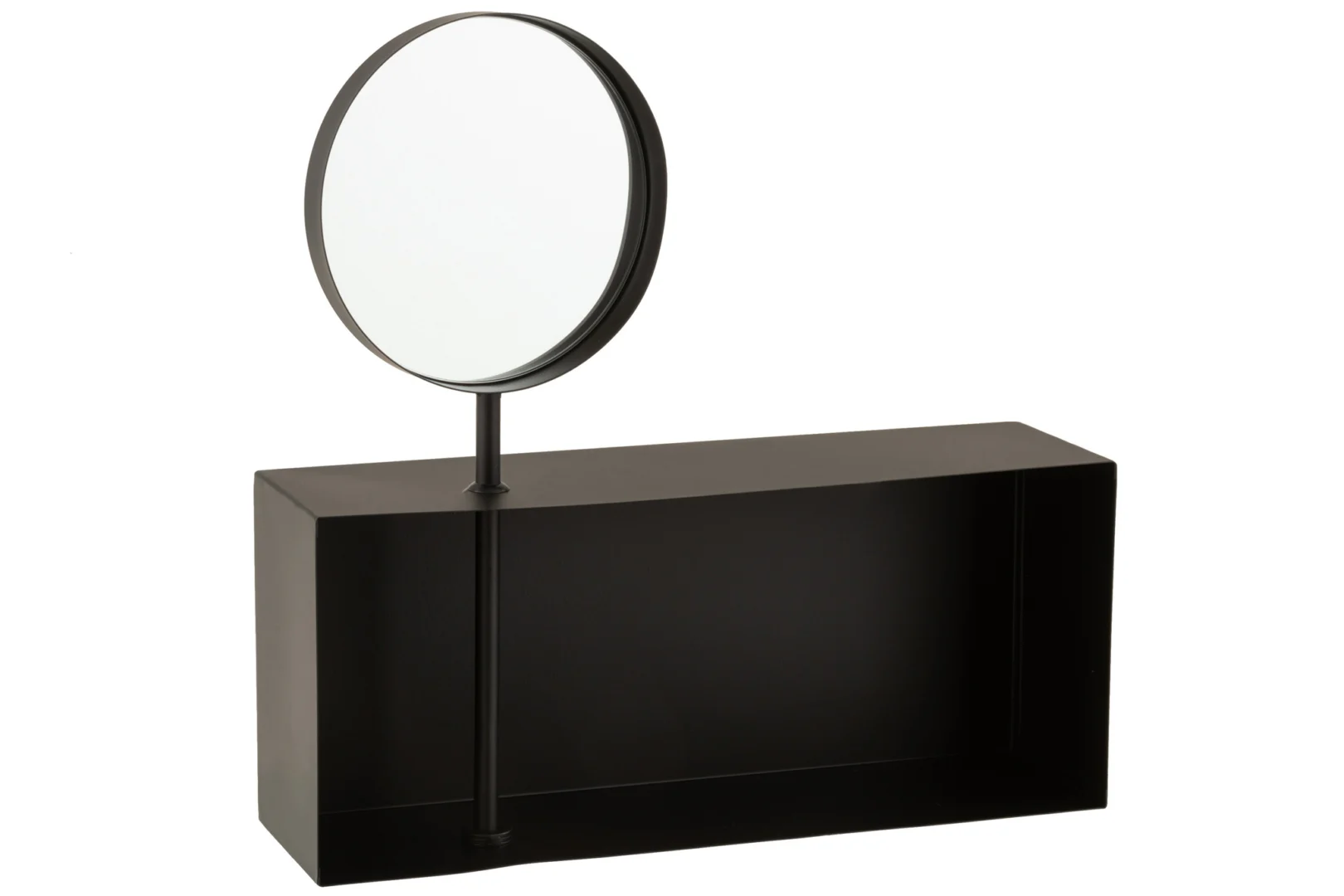De Shelf With Removable Mirror Metal Black heeft een rechthoekige zwarte open kast en een ronde spiegel bevestigd aan een verticale stang, een combinatie van modern en minimalistisch design.