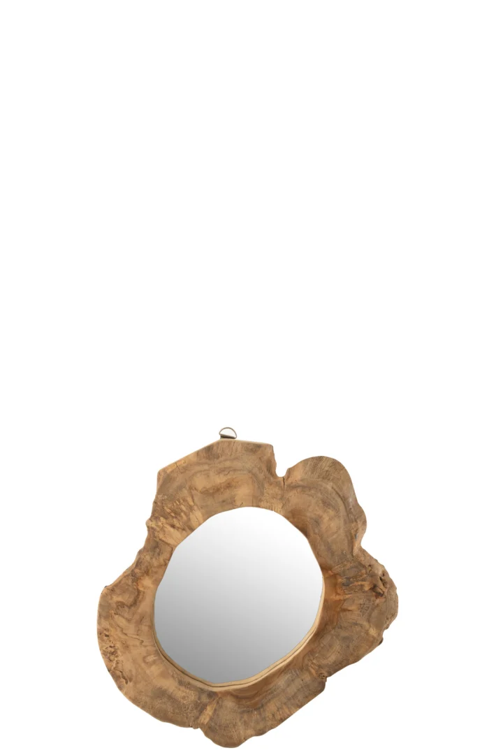 De Mirror Irregular Round Teak Wood Natural Medium heeft een ronde spiegel met een onregelmatige, rustieke lijst van teakhout die lijkt op een natuurlijke dwarsdoorsnede van een boomstam, tegen een witte achtergrond.